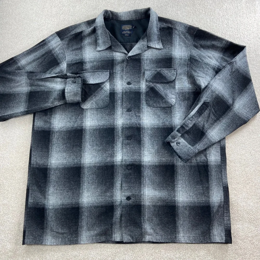 Pendleton Board Shirt Mens 4XT Grey Black Wool Shadow Plaid Flannel Button Up